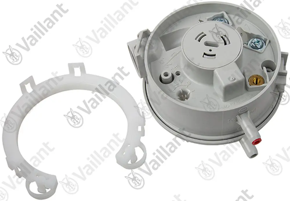 Vaillant Druckwächter mit rundem Gehäuse, Anschlussmöglichkeiten und Halterung. Teile auf weißem Hintergrund, mit klaren Kabelanschlüssen.